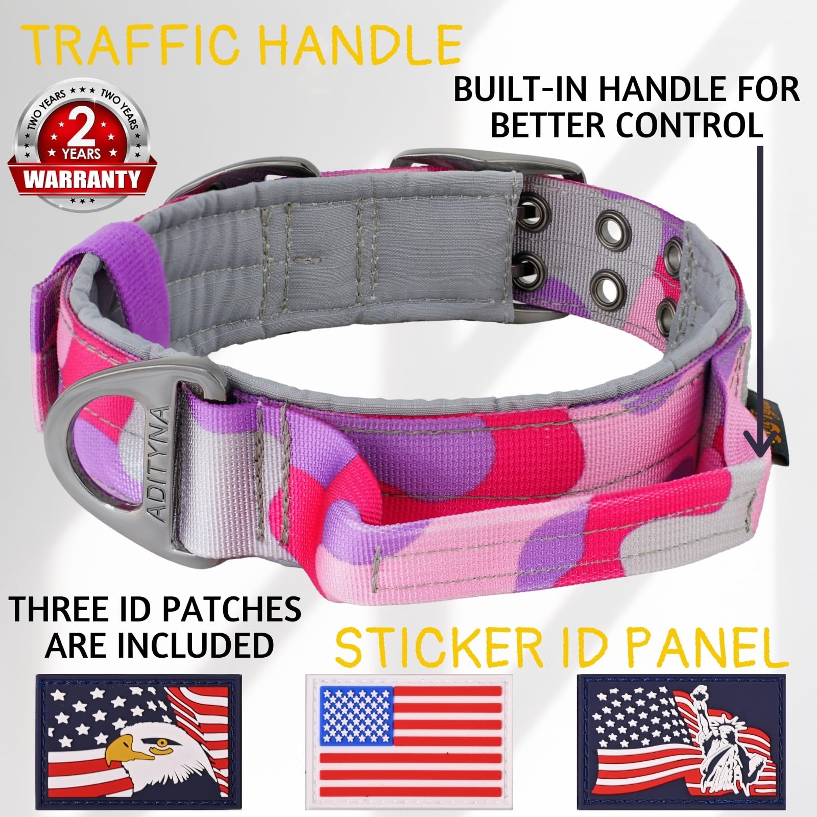 Adityna Heavy Duty Dog Collar For Medium Dogs - Camo Pink Purple Collar With Handle For Training, And Walking - Wide, Thick, Tac